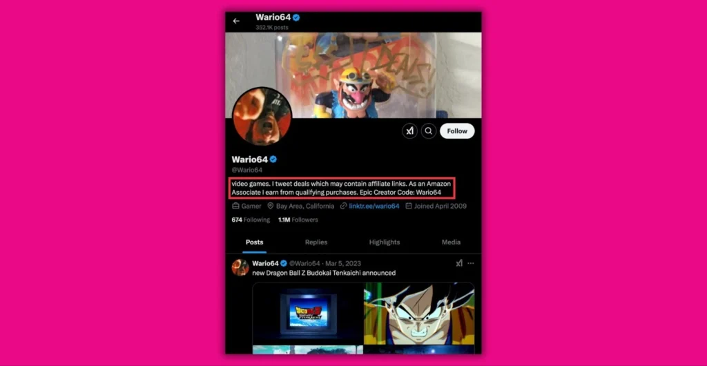 Screenshot of Wario64's Twitter profile, featuring gaming content, follower count, and a recent tweet about Dragon Ball Z. Background is pink.