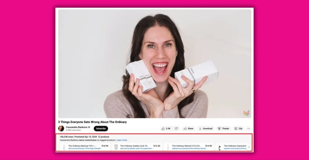 A woman holds several skincare product boxes against a light background, with vibrant pink accents around the image.