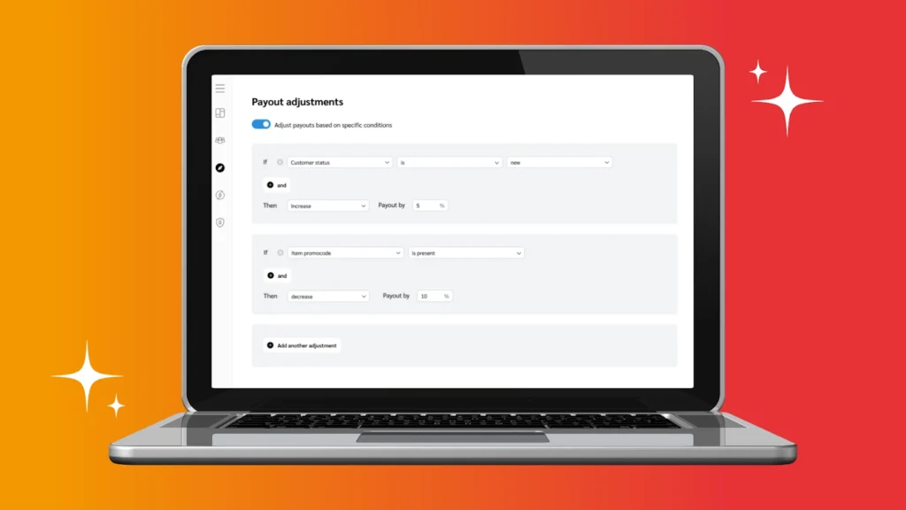 Laptop displaying a user interface for managing payout adjustments based on customer status and promo codes, with an orange gradient background.