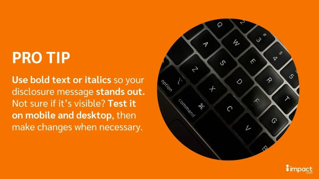 Text on an orange background advises using bold or italic text to enhance message visibility on devices, alongside a close-up of a keyboard.