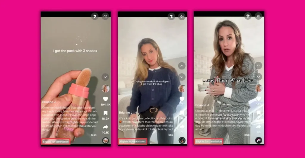 Three TikTok videos showcasing beauty products and fashion items against a vibrant pink background, emphasizing user reviews and fashion trials.