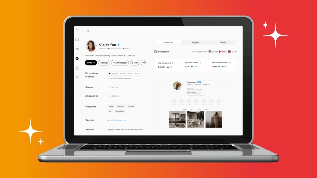 A laptop screen displaying a profile for Violet Yan, a bestselling author, featuring metrics, promotional methods, and social media insights.