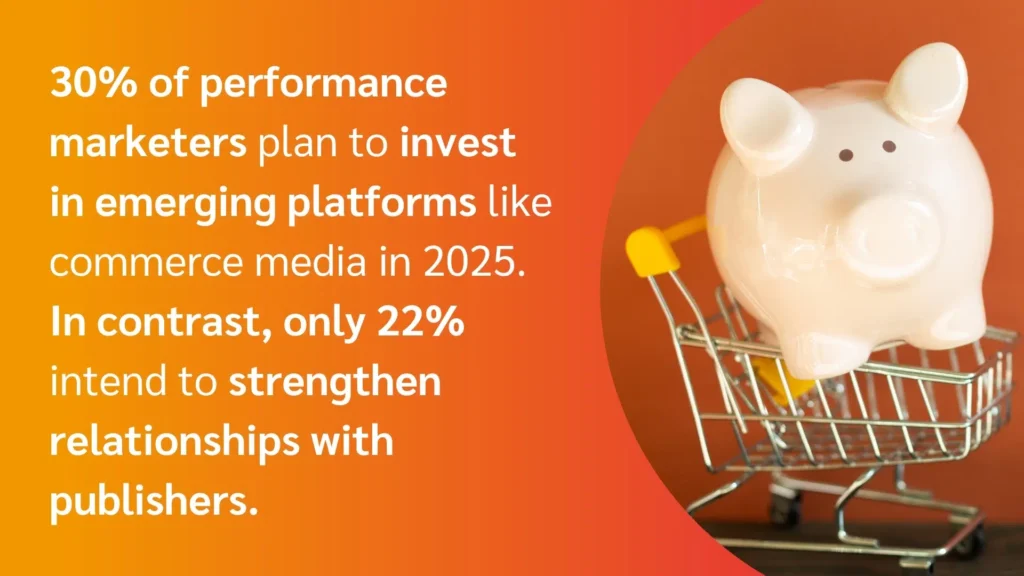 A piggy bank sits in a shopping cart, highlighting marketers' investment shifts in 2025 towards commerce media over publisher relationships.