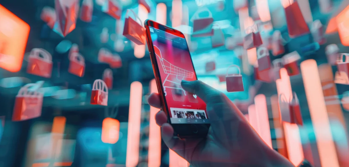 A hand holds a smartphone displaying a shopping cart icon, surrounded by floating shopping bag icons in a vibrant, digital environment.