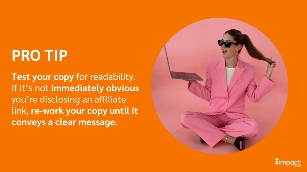 A person in a bright pink suit sits on the floor, holding a laptop, against a warm orange background with text offering writing advice.