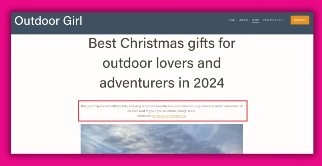 Screenshot of a blog titled "Outdoor Girl" featuring Christmas gift ideas for outdoor lovers in 2024, with an affiliate disclosure.