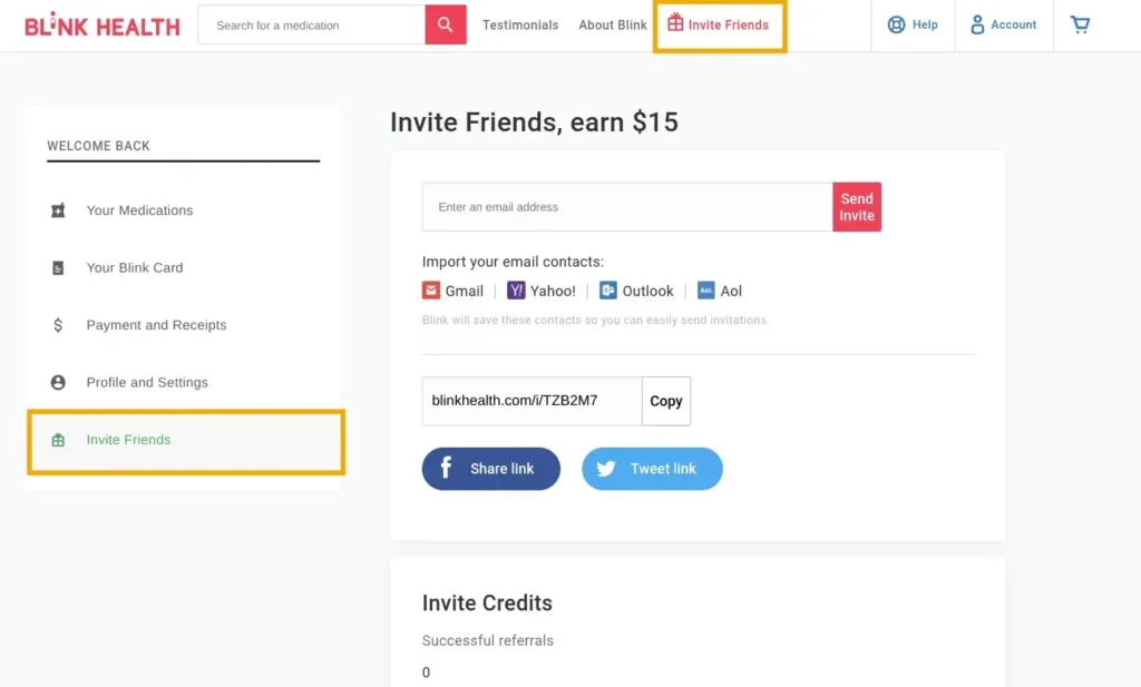 Blink Health invitation feature, allowing users to invite friends, import contacts, and share referral links for rewards.