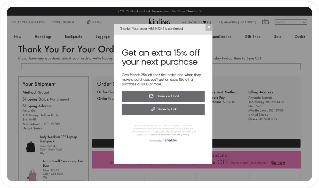 Order confirmation for Amanda with details of shipment, itemized purchases, and a promotional offer for 15% off next purchase.