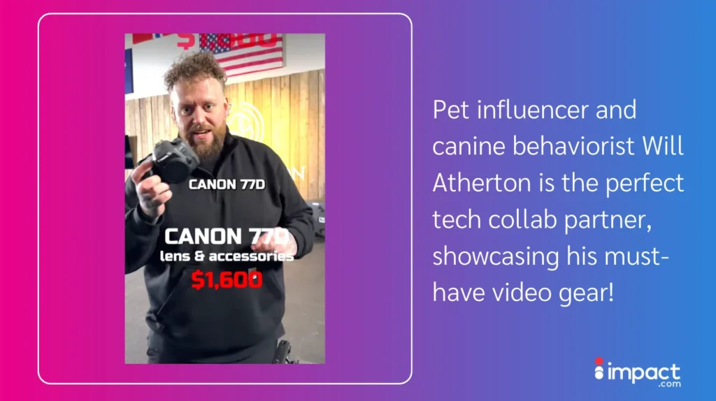 Will Atherton displays a Canon 77D camera, highlighting essential video gear with a price tag of $1,600 on a colorful backdrop.