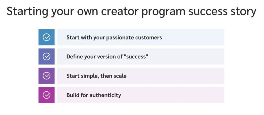 A checklist titled "Starting your own creator program success story" with four steps: engage customers, define success, start small, and ensure authenticity.