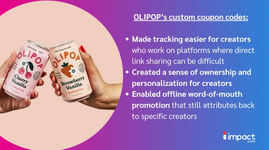 Two hands hold OLIPOP Sparkling Tonic cans in Cherry Vanilla and Strawberry Vanilla flavors against a gradient background, showcasing custom coupon codes.