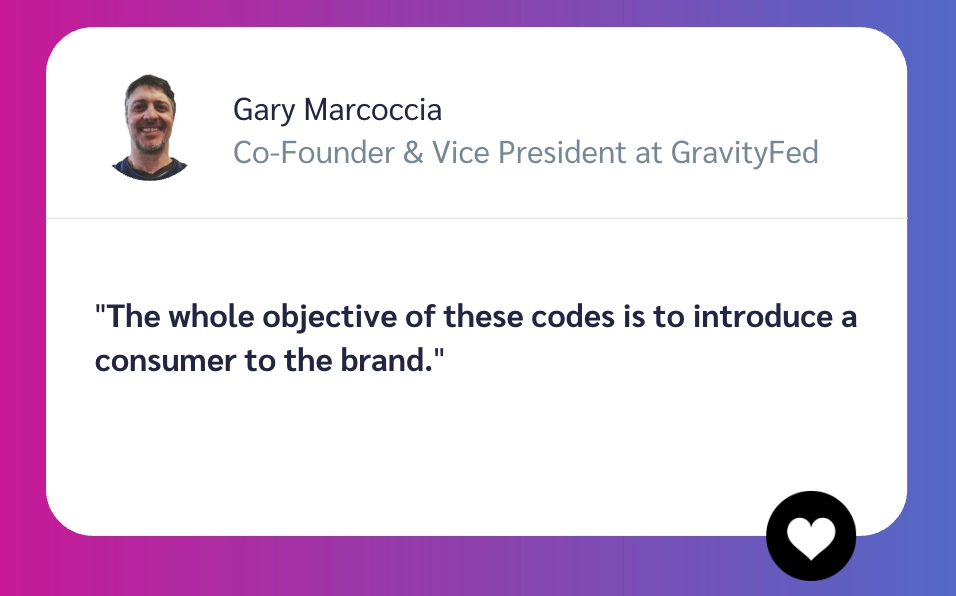 Quote by Gary Marcoccia, Co-Founder of GravityFed, discussing the purpose of brand introduction codes. Background features a gradient design.