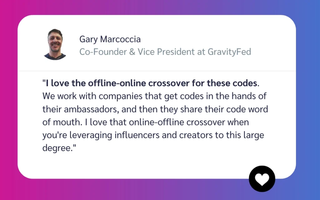 A quote from Gary Marcoccia, Co-Founder of GravityFed, discussing the benefits of offline-online marketing through influencer collaboration.