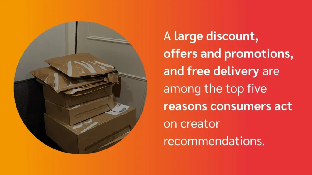 Stack of brown delivery boxes against a wall, with text highlighting discounts and offers as key factors for consumer purchases.
