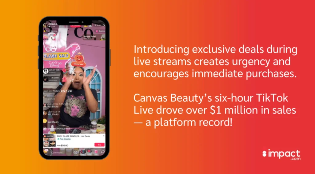 A smartphone displaying a live TikTok stream promoting a Canvas Beauty flash sale, with colorful graphics and sales highlights visible.