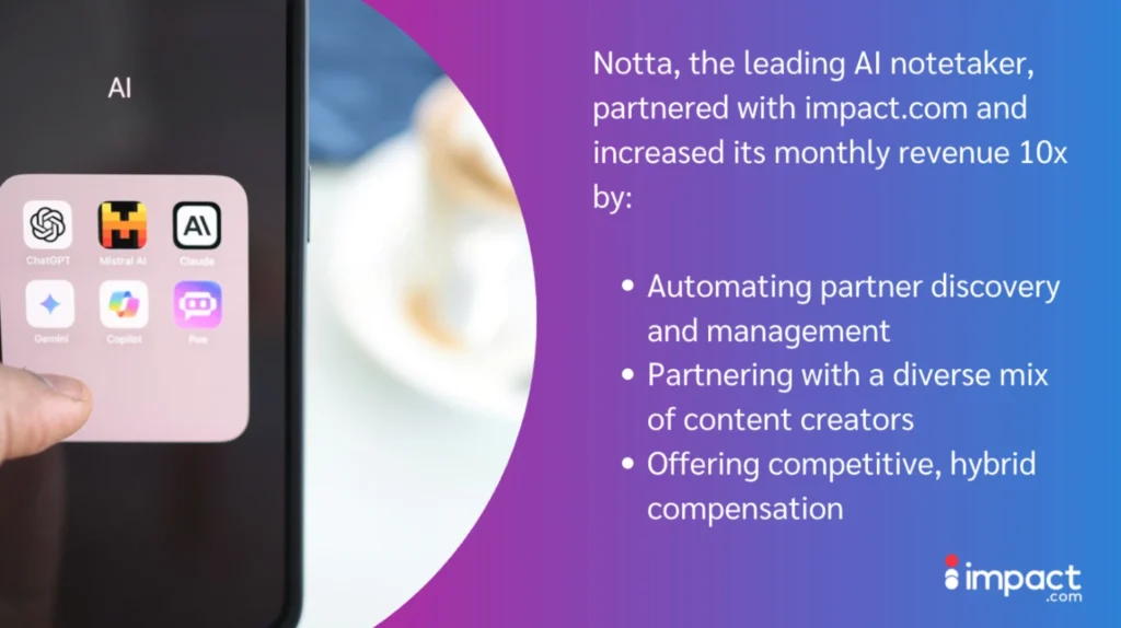 A smartphone displays AI app icons; text highlights Notta's partnership with impact.com, increasing revenue through automation and diverse collaborations.