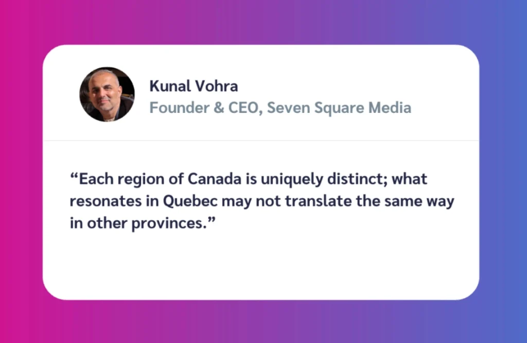 Quote from Kunal Vohra, Founder & CEO of Seven Square Media, discussing regional variations in Canada. Colorful gradient background.
