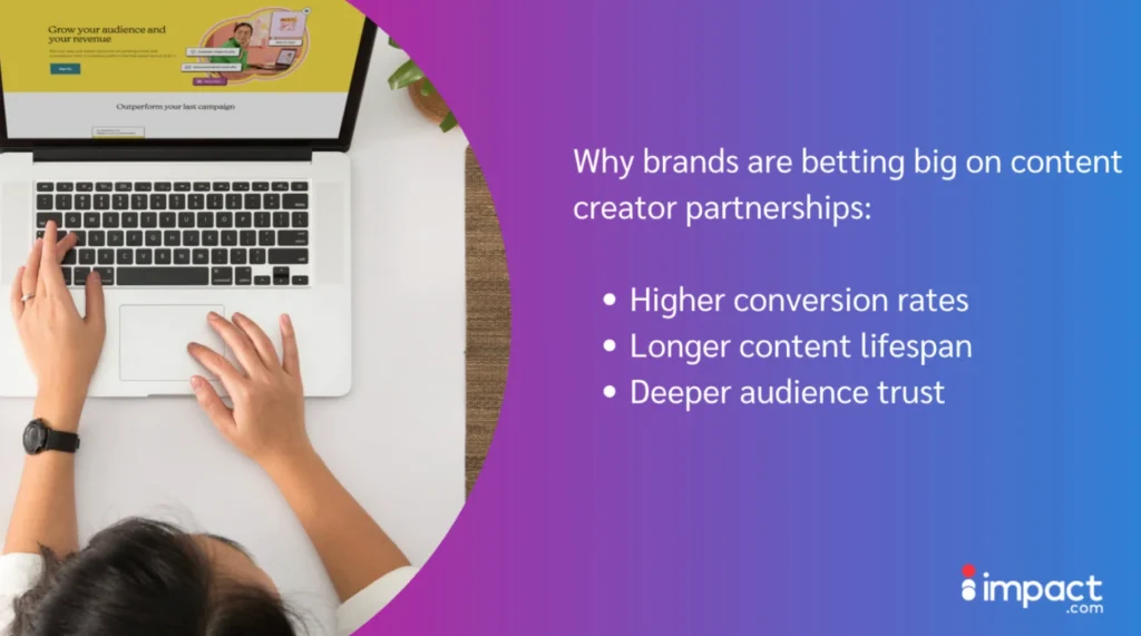 Aerial view of a person typing on a laptop with marketing insights beside them, emphasizing the benefits of content creator partnerships.