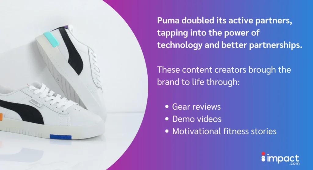 Puma sneakers in white with black accents and colorful details, alongside text about brand partnerships and content creation.