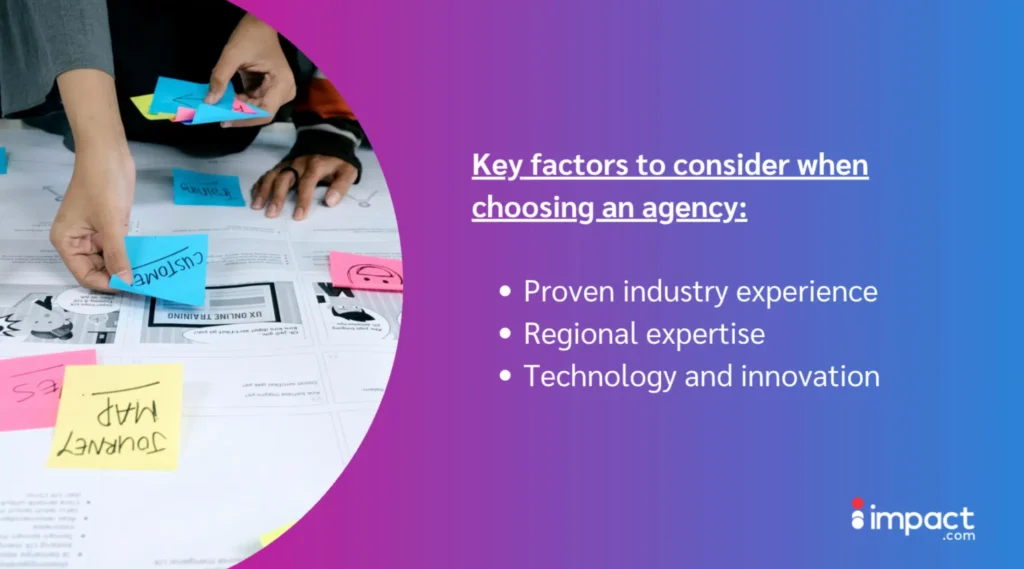 Hands placing colorful sticky notes on a document, with key factors for choosing an agency listed on the side.