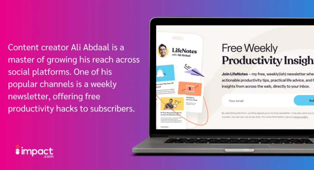 A laptop displaying Ali Abdaal's LifeNotes newsletter signup page, focusing on productivity tips and insights with a vibrant gradient background.