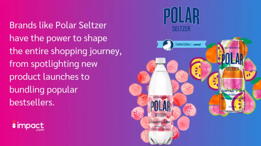 A vibrant promotional graphic featuring Polar Seltzer bottles against a colorful background with fruit illustrations, highlighting new flavors.