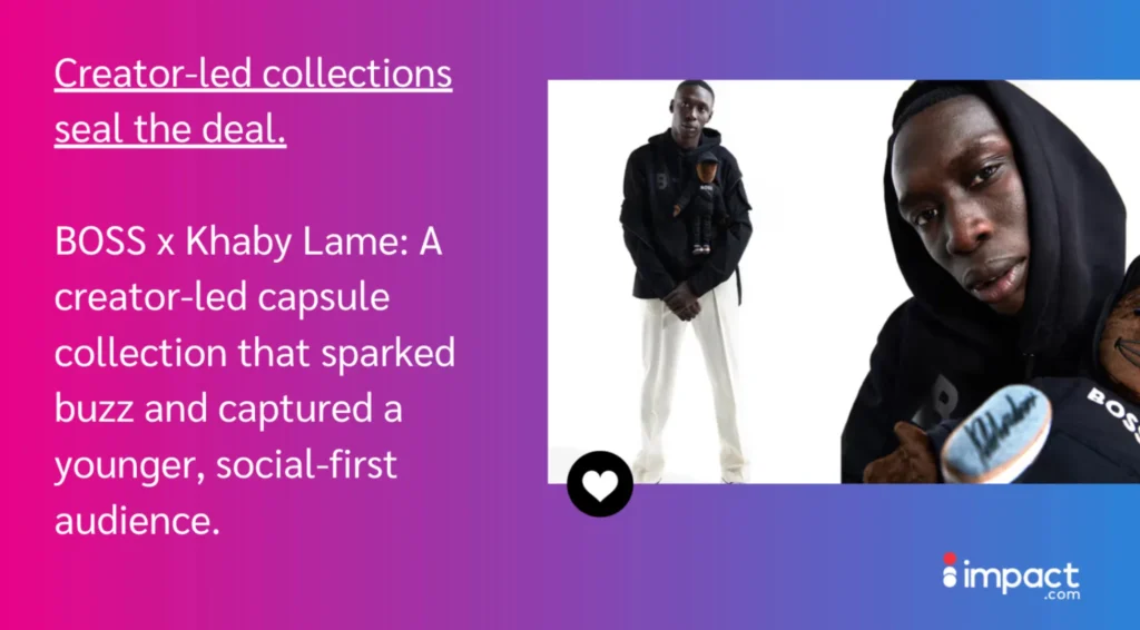 BOSS x Khaby Lame collaboration featuring streetwear style, including a hoodie and plush toy, targeting a younger audience.