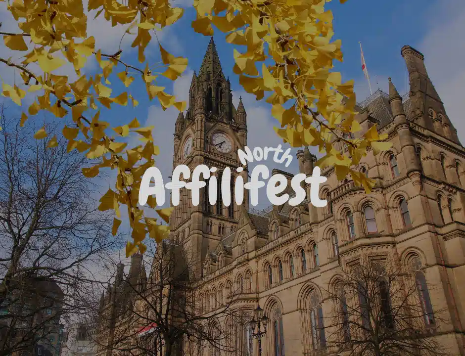 Golden autumn leaves frame Manchester's iconic Town Hall, featuring the text "North Affilifest" prominently in the foreground.