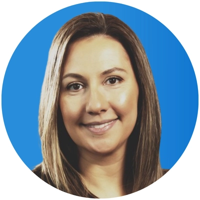A woman with long, straight hair is framed in a circular image against a bright blue background.