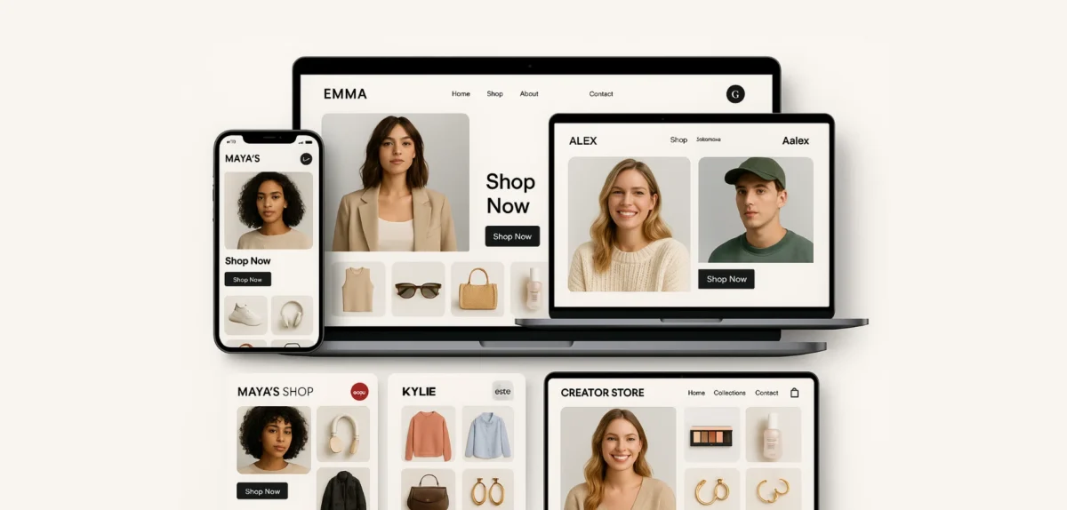 A collage of various online shopping platforms displayed on mobile and laptop devices featuring clothing and accessory items.