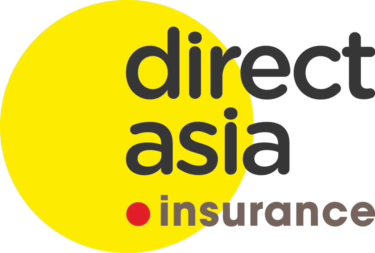 Logo of Direct Asia Insurance featuring bold, modern text in gray and black on a bright yellow circle background.