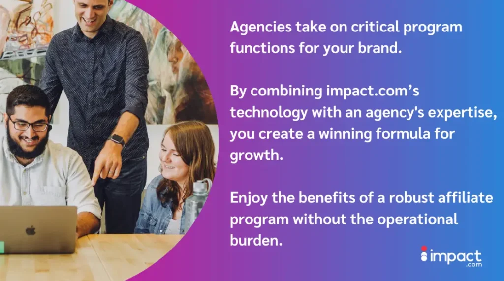 People looking at laptop and text accommodating it related to affiliate marketing agencies