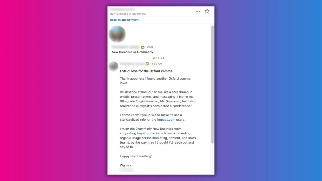 Screenshot of a Grammarly email discussing a love for the Oxford comma and offering assistance to Impact.com users.