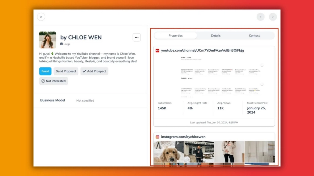Profile of YouTuber Chloe Wen showcases her subscriber stats, engagement rate, and recent posts, set against a vibrant background.