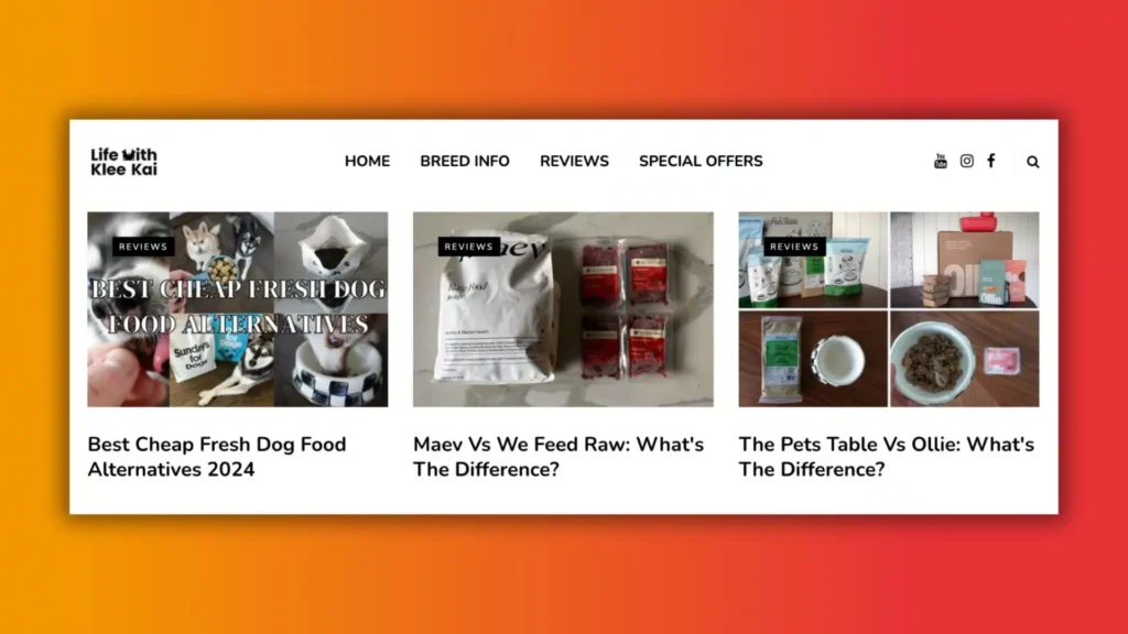 Website screenshot titled "Life with Klee Kai" featuring dog food reviews, comparisons, and images of various dog food products.