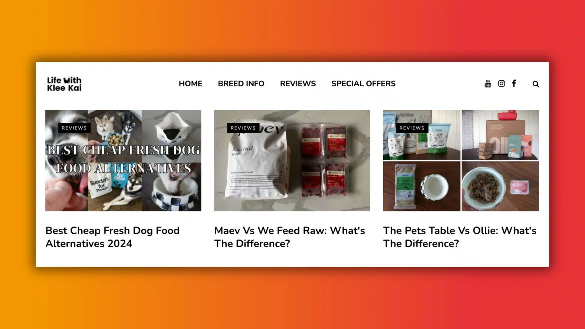Website screenshot titled "Life with Klee Kai" featuring dog food reviews, comparisons, and images of various dog food products.