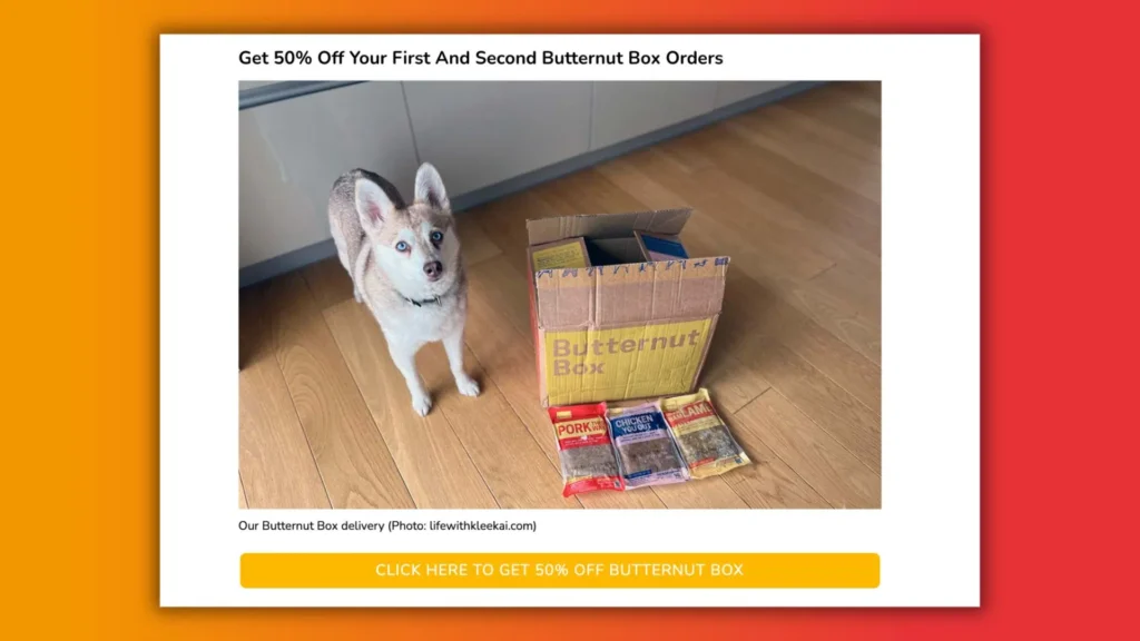 Get 10% off your first box of dog food with this promotional offer.