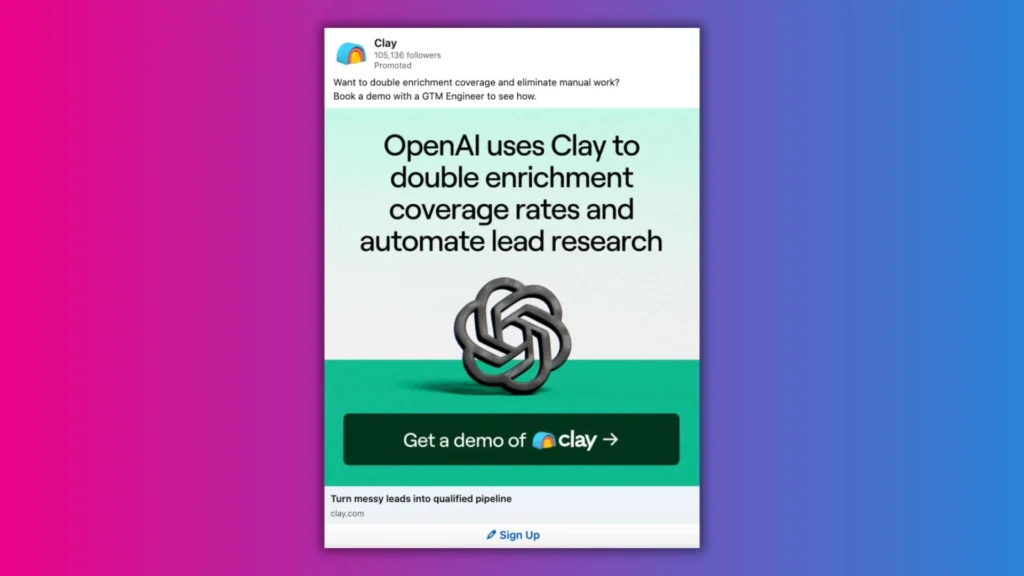 Promotional graphic for Clay, showcasing its ability to enhance lead research and automate coverage rates, with a call to action for demos.