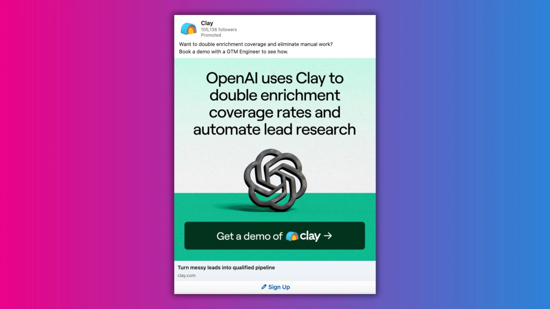 Promotional graphic for Clay, showcasing its ability to enhance lead research and automate coverage rates, with a call to action for demos.
