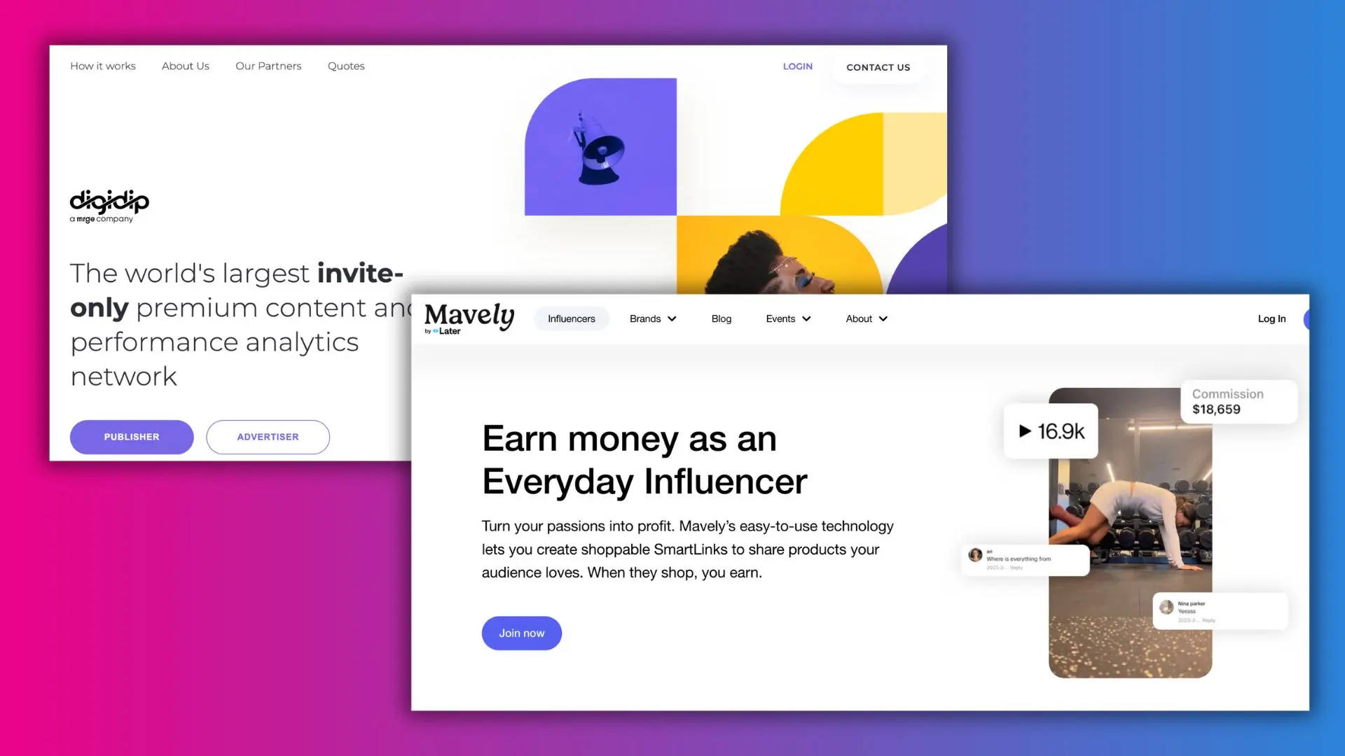 screenshots of websites that focus on building a network of content creators