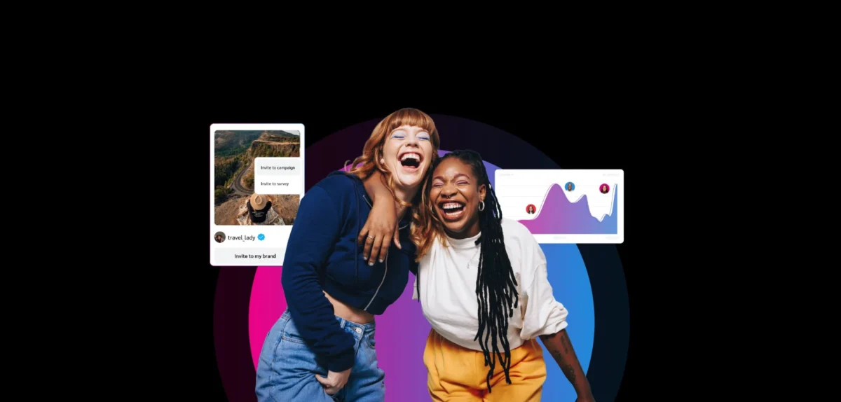 Two women pose together with arms around each other, against a vibrant background featuring social media graphics and data insights.