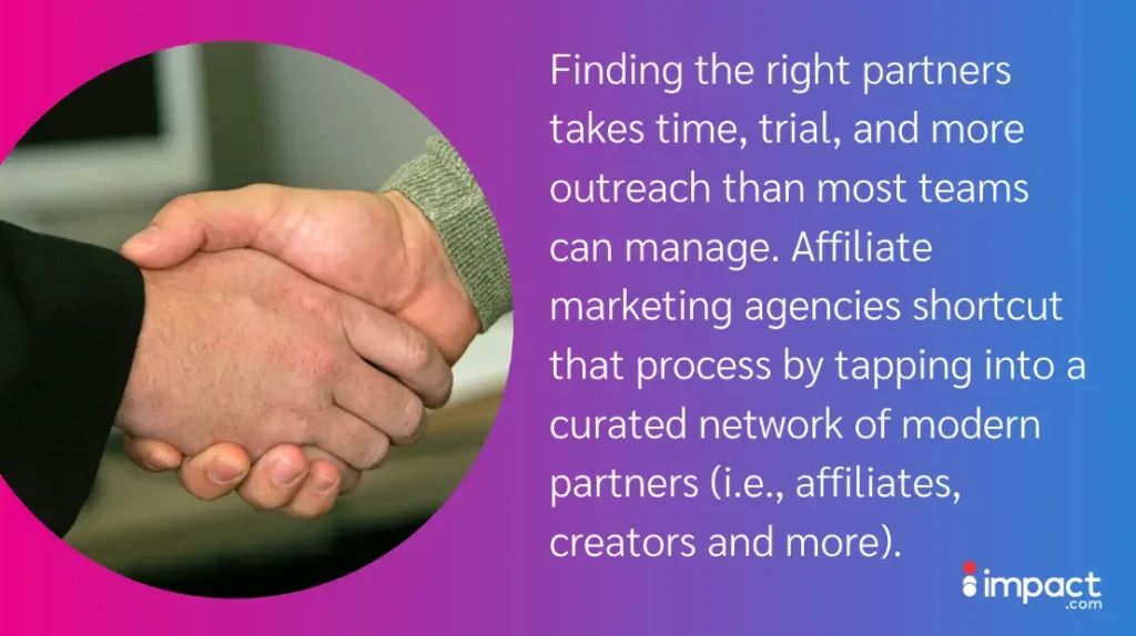 Finding the right partners take time graphic displaying affiliate marketing benefits