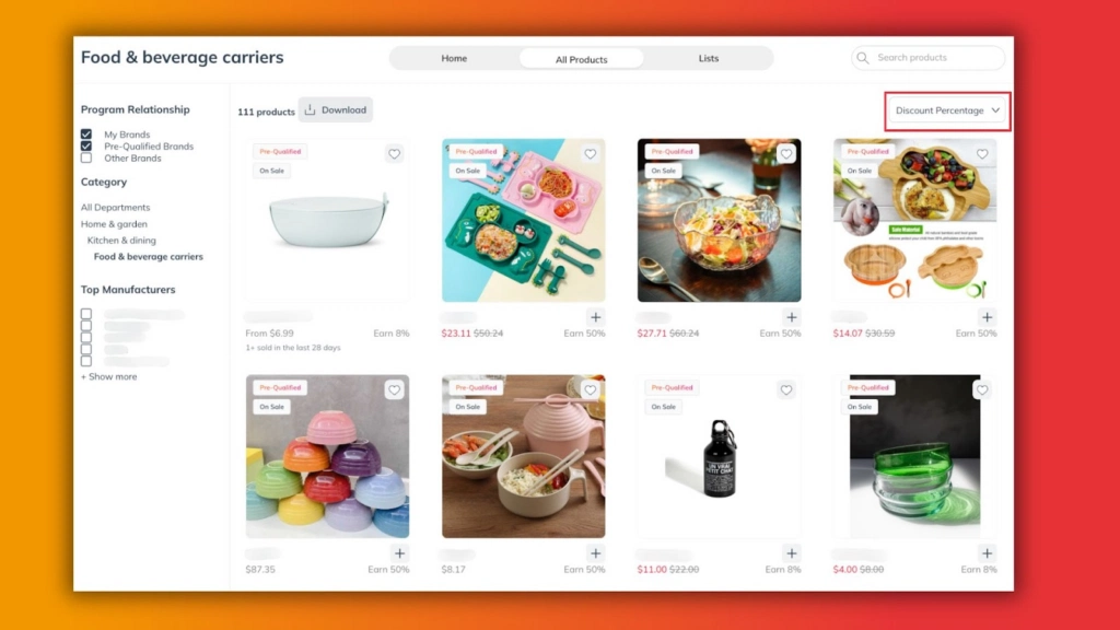 Screenshot of a product listing page for food and beverage carriers showing various items, prices, discounts, and sales statuses.
