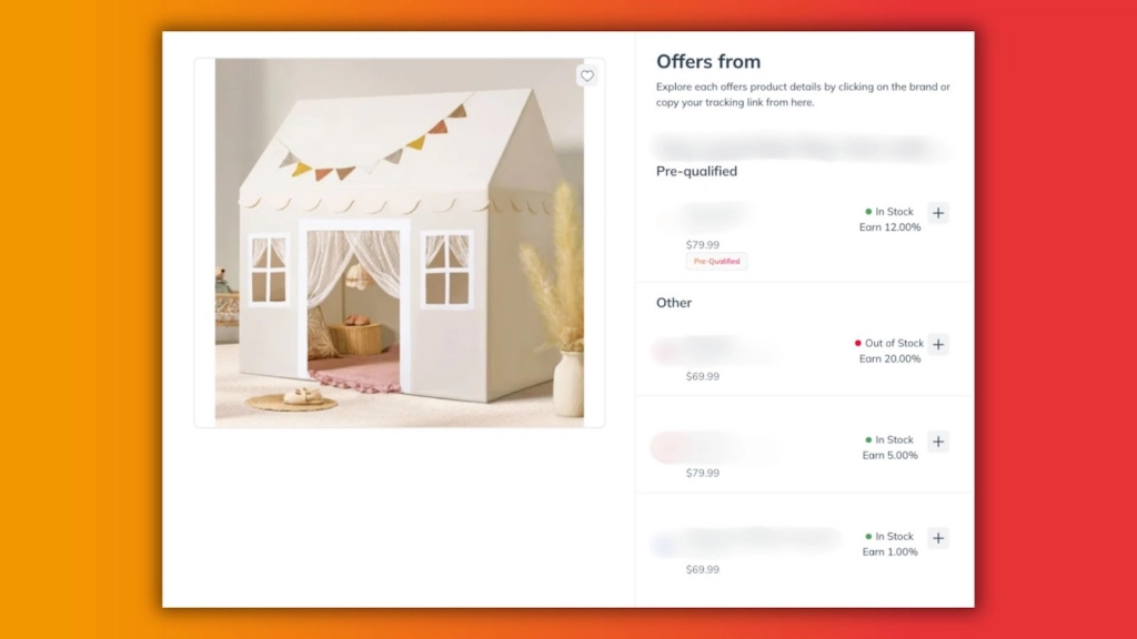 A whimsical children's playhouse with curtains and bunting, alongside a section displaying various purchase offers and stock statuses.