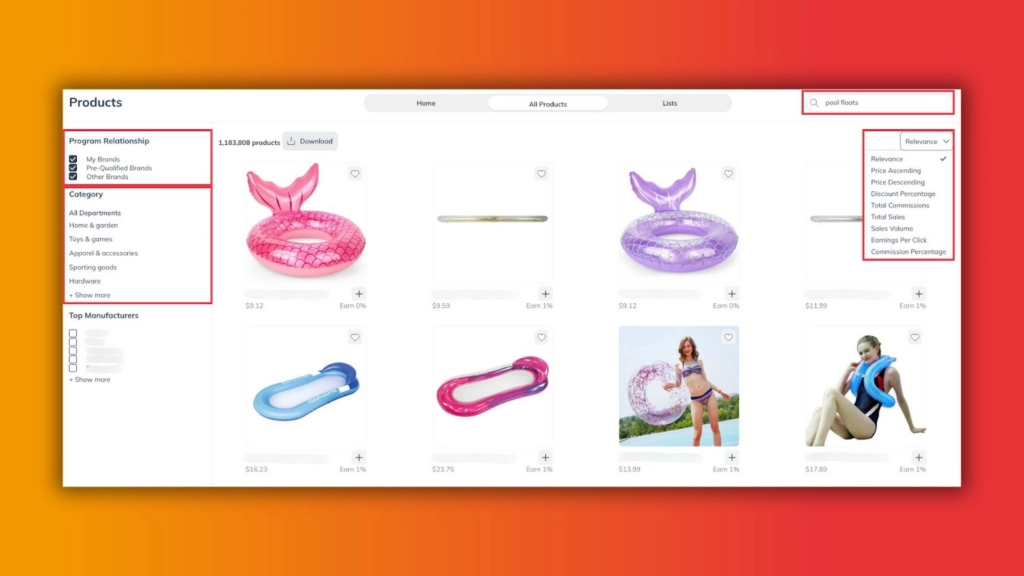 Grid of colorful pool floats for sale, with a search bar and categories listed on the left. Orange gradient background.