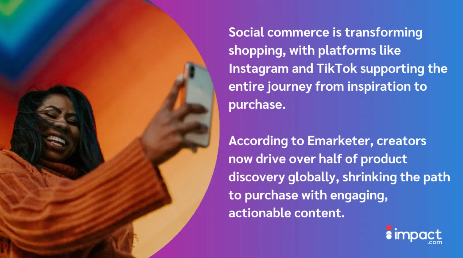 An individual takes a selfie with a smartphone against a vibrant, gradient background while discussing social commerce and its impact.