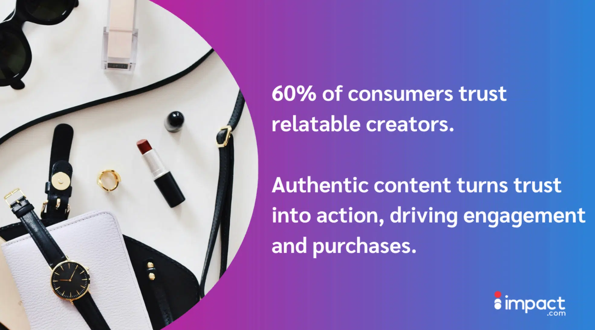 Flat lay of beauty and fashion items with text highlighting consumer trust in relatable creators and the impact of authentic content.