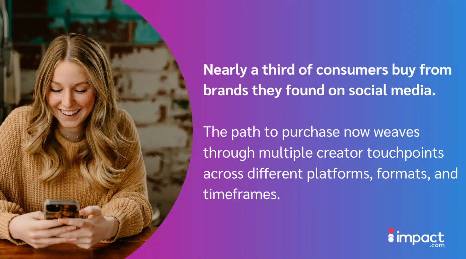 A woman sits at a table, holding a smartphone, with a textured background and a gradient purple-blue overlay featuring text about social media shopping.