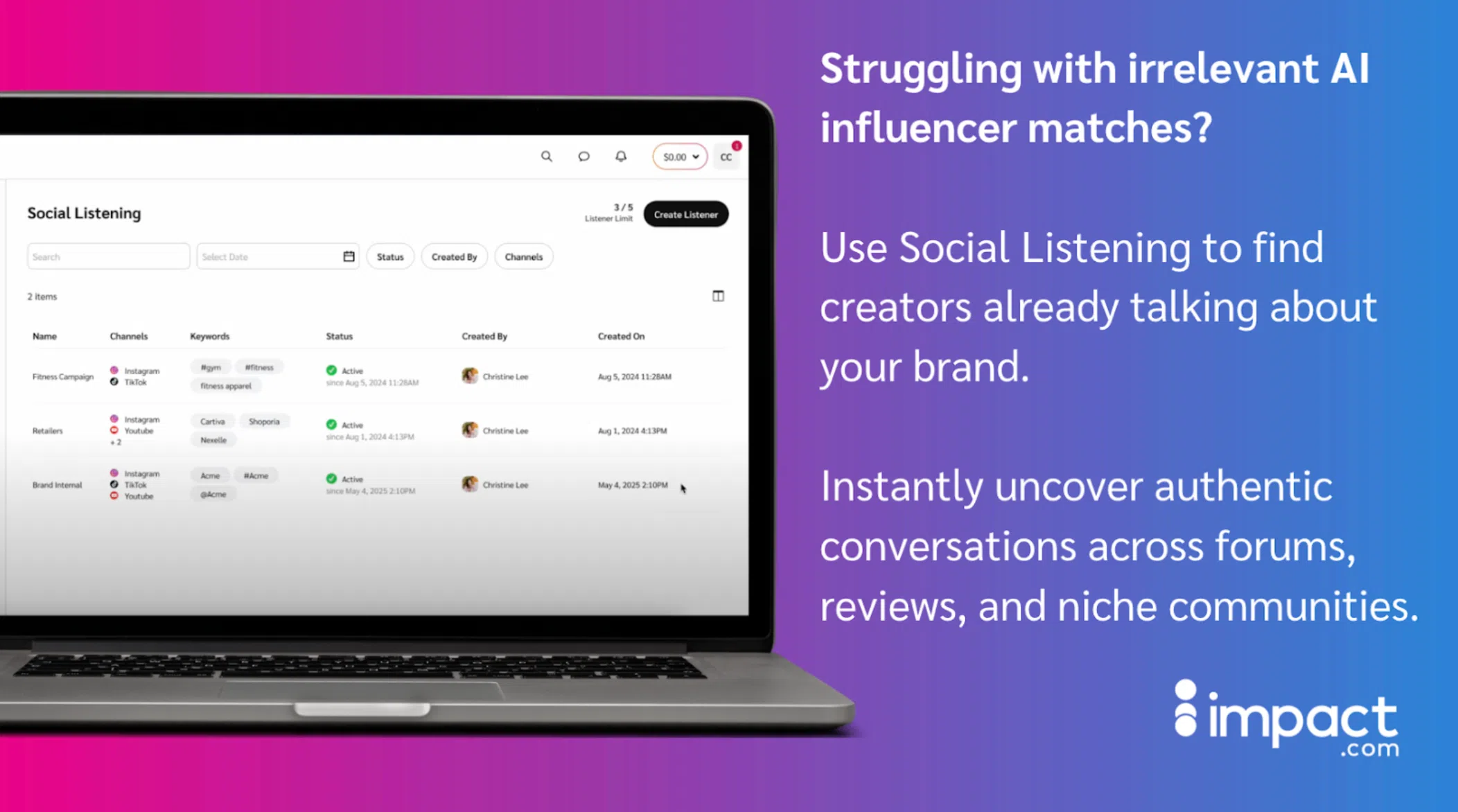 A laptop displays a social listening tool interface, highlighting AI influencer matches and conversations related to brands.