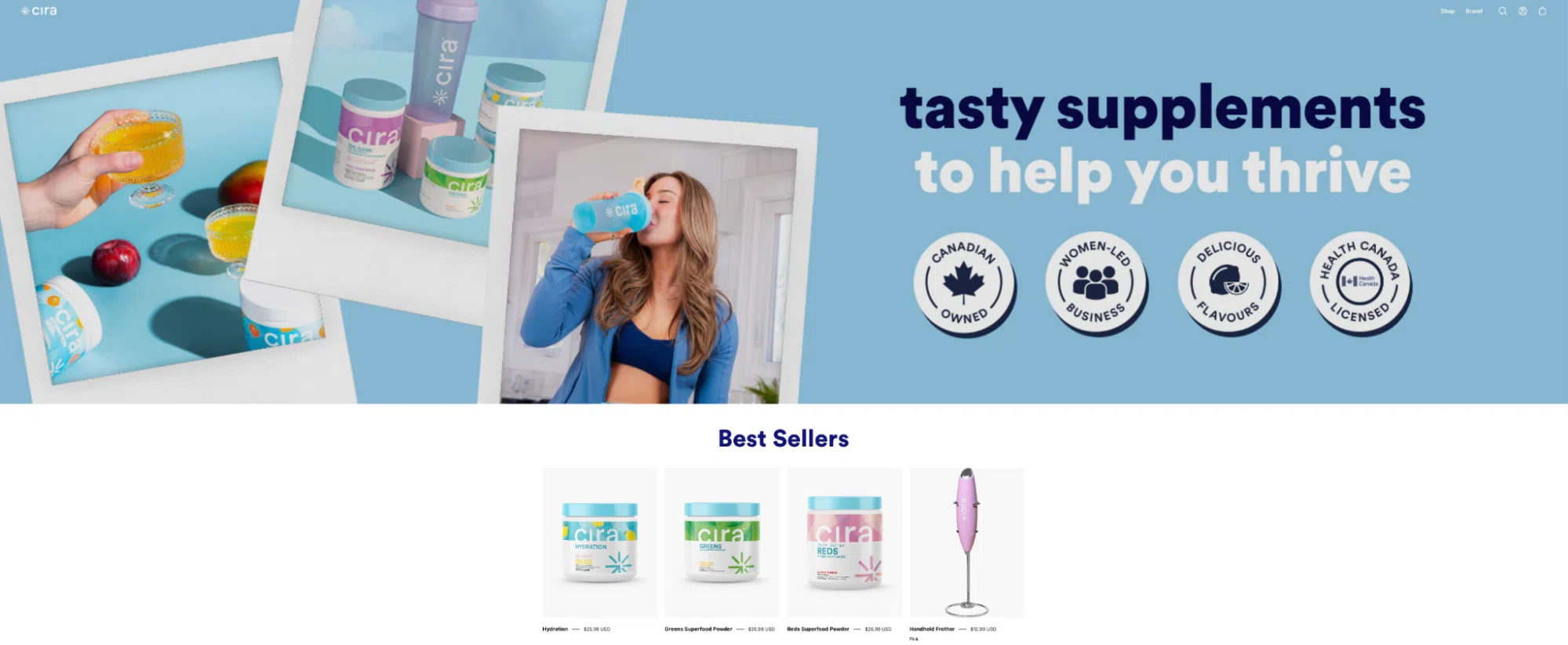 A vibrant display of Cira health supplements, showcasing colorful canisters, a fruity drink, and various best-selling products on a blue background.